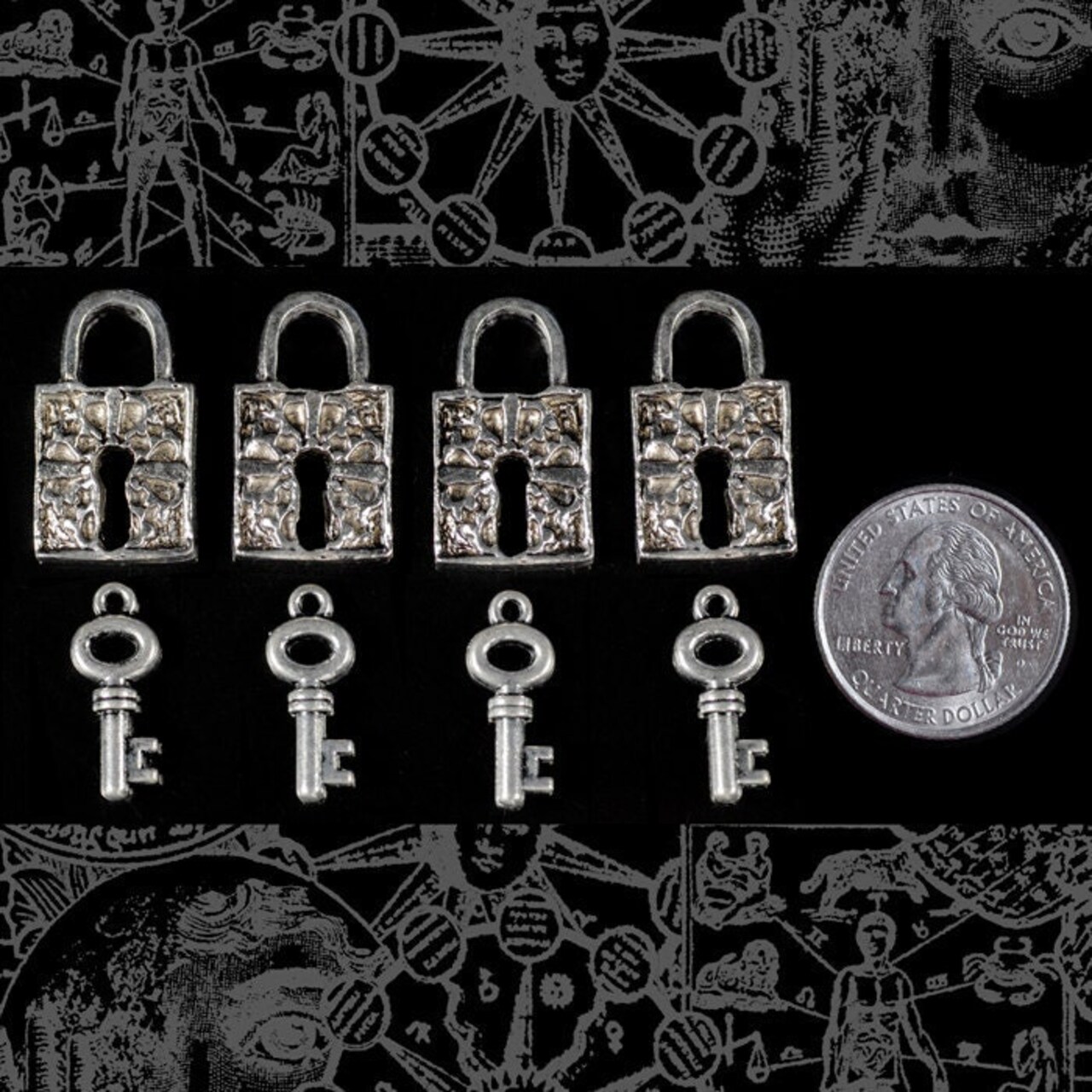 Silver Zinc Oxide Pendant Charms Locks and Keys - Set of Four - ZS-P04Set